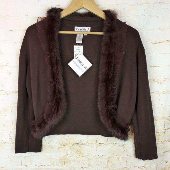 VTG Joseph A. Cardigan Women XL Brown Silk Blend Faux Fur Trim Crop Sweater Y2K - Picture 1 of 13